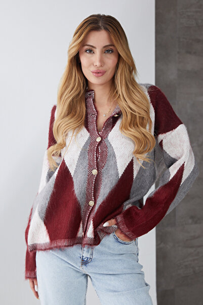 DPARİS Baklava Patterned Gold Buttoned Knit Cardigan