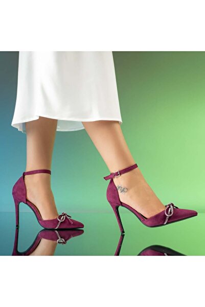 BMoD Pantofi de damă din piele întoarsă violet cu toc subțire și fundă MOD13916