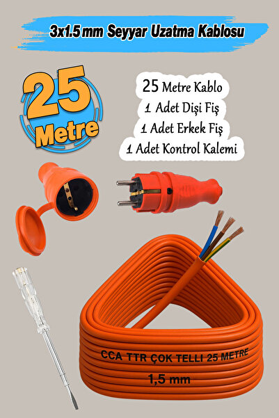 Badem10 Seyyar TTR CCA Telli 3x1.5 mm (25 Metre) Uzatma Kablosu Elektrik Kablo Kontrol Kalem Dişi Erkek Fiş