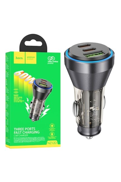 Hoco Incarcator Auto (NZ12D), 60W, 2xUSB-C, 1xUSB-A, PD, QC 3.0, Negru