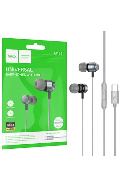 Hoco Wired Earphones (M122), In Ear, USB-C, 1.2m, Mic & Volume Key, HiFi, Gray
