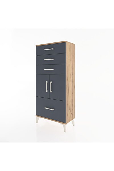 Dienni Hyperion Dolap Tek Raflı 4 Çekmeceli 2 Kapaklı 60x44x134 Çam-Antrasit