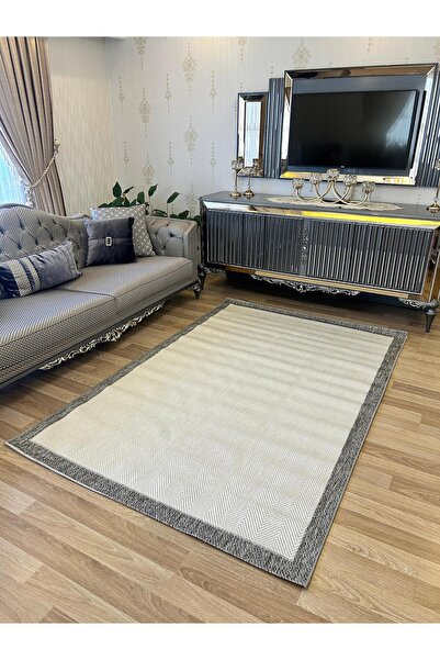 Bordo Halı Bordohalı Sisal Halı – Gri Çerçeveli Beyaz, Kaymaz Taban, Modern D...