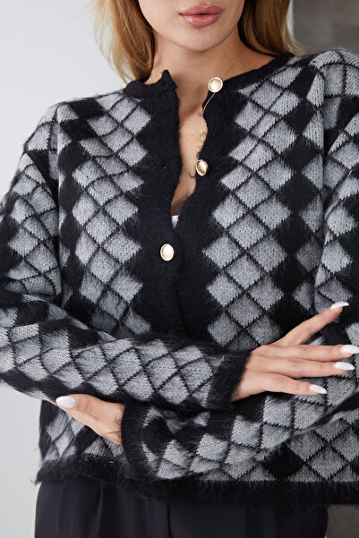 DPARİS Baklava Patterned Buttoned Front Knit Cardigan