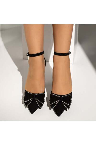 Modlet.ro Pantofi de damă negri din piele întoarsă întoarsă cu toc bloc și ba...