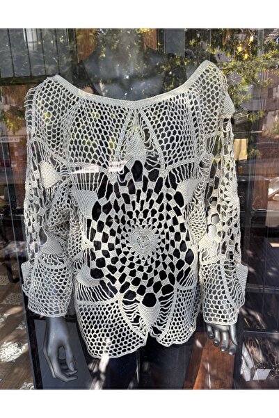 Asbap Butikk Kadın Bej El Örgüsü Salaş Merserize Bluz