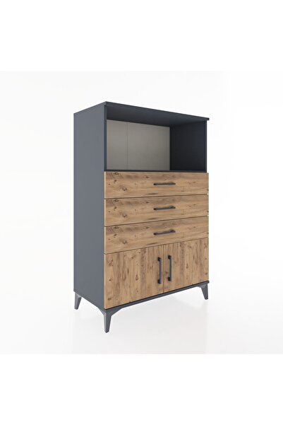 Dienni Hyperion Dolap Tek Raflı 3 Çekmeceli 2 Kapaklı 88x44x134 Antrasit-Çam