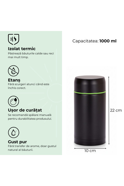 Köken Termos pentru supă/mâncare, 1000 ml, perete dublu, oțel inoxidabil, cald/rece 8 ore, supapă de presiune, 22 x 10 cm, negru