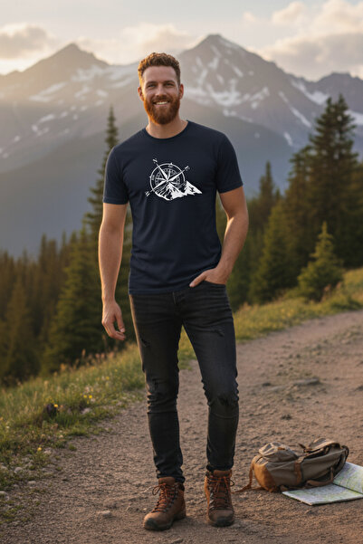 DK DAKSEL Синій колір Basic Gezgin Pusula з принтом Чоловіча футболка