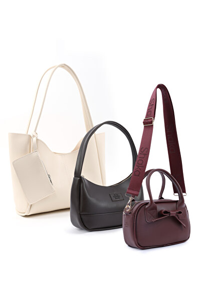 SHAKA طقم حقائب يد وذراع وكتف من الجلد الصناعي مكون من 3 قطع باللون الكريمي/ا...