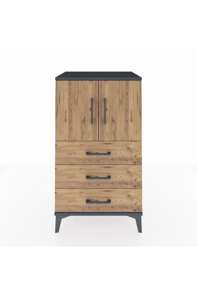 Dienni Hyperion Komodin 2 Raflı 3 Çekmeceli 2 Kapaklı 60x44x106 Antrasit-Çam