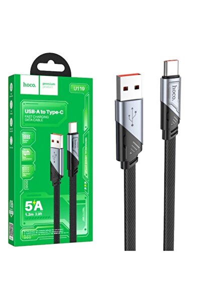 Hoco Cable Data and Charging (U119), USB-A to USB-C, 5A, Flat, 1.2m, Black
