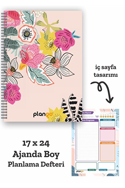 Plango Renkli Çiçekler Spiralli Günlük Planlama Defteri - 100 Sayfa - 17x24 P...