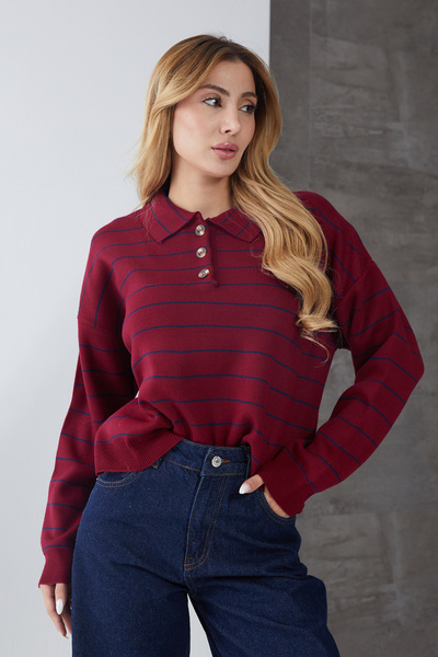DPARİS Striped Polo Neck Buttoned Knitwear Sweater