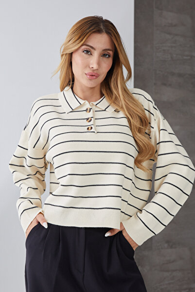 DPARİS Striped Polo Neck Buttoned Knitwear Sweater