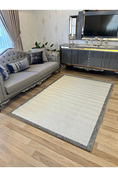 Bordo Halı Bordohalı Sisal Halı – Gri Çerçeveli Beyaz, Kaymaz Taban, Modern D...