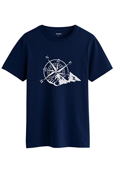 DK DAKSEL Синій колір Basic Gezgin Pusula з принтом Чоловіча футболка