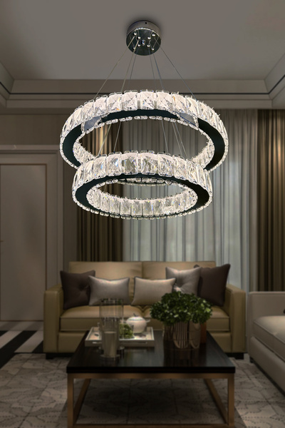 RSCOLLECTIONS 2 DAİRE TAŞLI MODERN LED AVİZE Kumandalı Krom