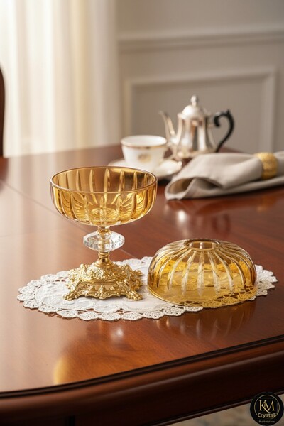 Kristal Market Handmade Cut Crystal Gold Footed Decorative Presentation Holde...