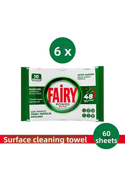 Fairy مناديل تنظيف الأسطح بصابون أبيض، 10 مناديل (6 قطع) | خل أبيض كربونات