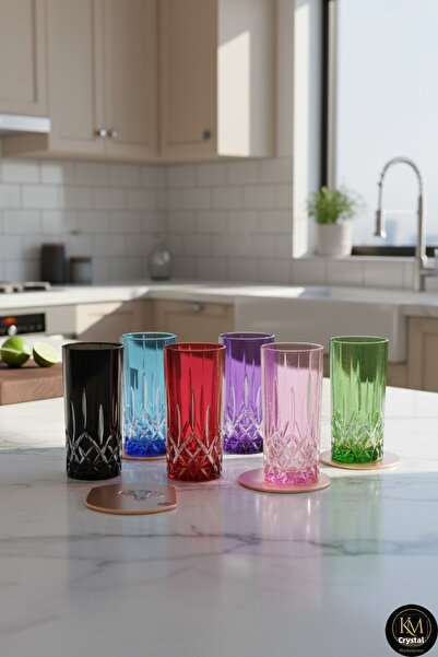 Kristal Market مجموعة أكواب مياه ملونة مصنوعة يدويًا من الكريستال Cristalleri...