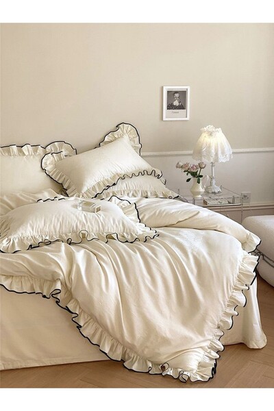 Ricco Lifes Ruffled 100% Cotton Edge Decorated Ecru Cotton Double Duvet Cover Set