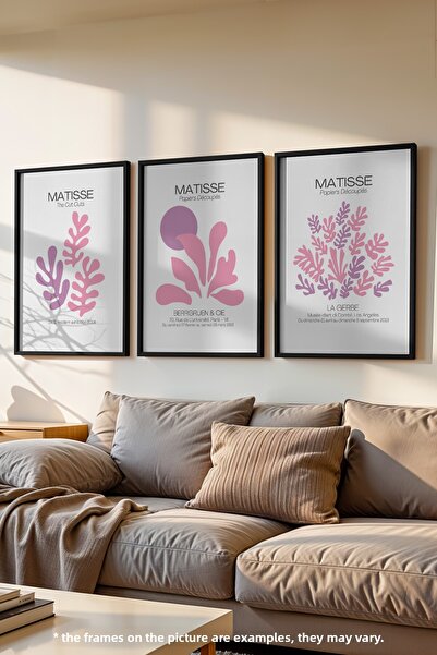 Basquiart Poster roz Minimal Matisse, în 3 piese, cu ramă neagră, set de pict...