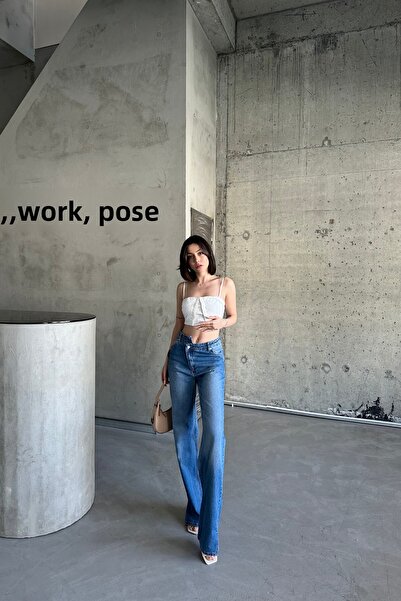 XRAY JEANS Pantaloni largi de blugi albaștri cu detaliu în talie pentru femei