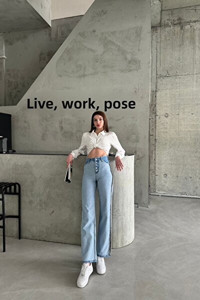 XRAY JEANS Pantaloni de damă din denim albastru de gheață Palazzo cu cusături...