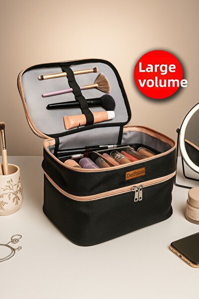 Deftion حقيبة مكياج احترافية ذات حجرتين واسعة الحجم مقاومة للماء ومنظم سفر كبير الحجم