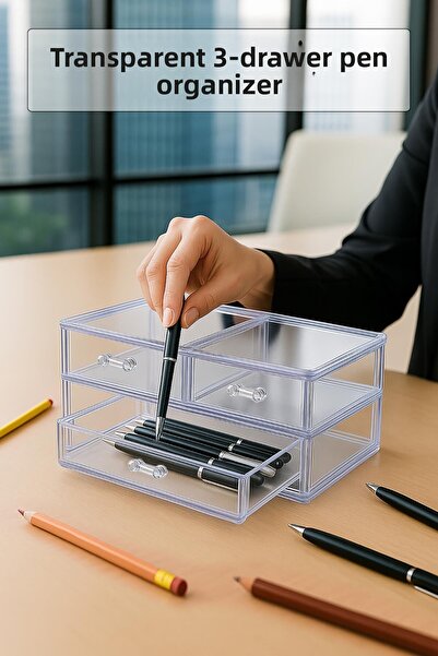 Sbodurhome Transparent Acrylic 3 Compartment Drawer Pen Holder