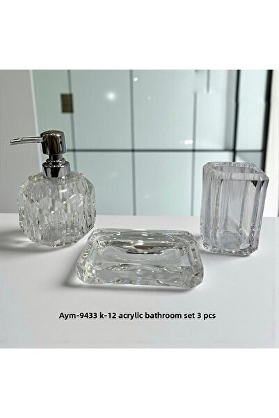 Lunara طقم صابون بلاستيكي أكريليك كريستالي موديل 3 قطع (حامل صابون مربع صلب - حامل صابون سائل - حامل فرشاة أسنان)