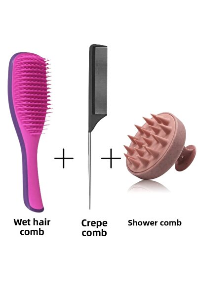 Nofella مجموعة أمشاط مكونة من 3 قطع، مشط للشعر المبلل + مشط كريب بمقبض فولاذي + مشط للاستحمام.