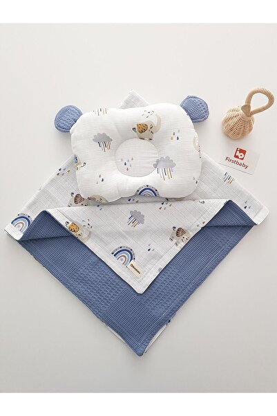 ib ilkimbebe طقم بطانية أطفال ووسادة بآذان من قماش البيكيه 85×90