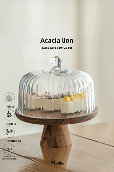 Perotti Lion Acacia Stand Glass Cake Pan with Stand 28 cm Giant Size