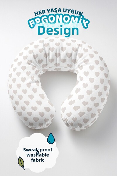 Evimde Bambaşka Heart Patterned Cotton Neck Pillow - Pastel Beige White Soft ...