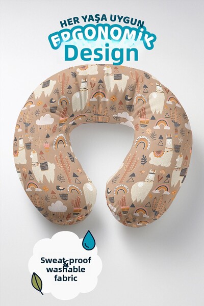 Evimde Bambaşka Lama Cactus Patterned Cotton Neck Pillow - Pastel Beige Orang...
