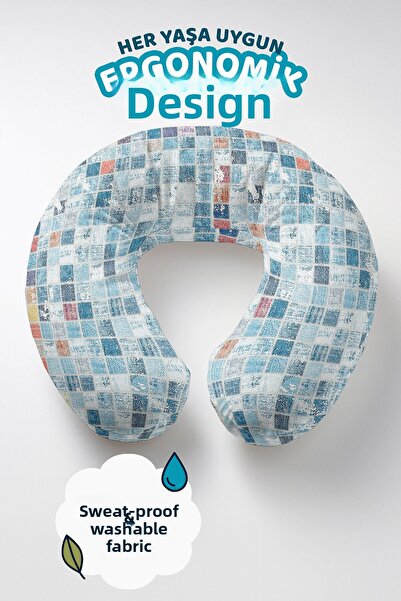 Evimde Bambaşka Square Patterned Cotton Neck Pillow - Modern Blue Orange Trav...