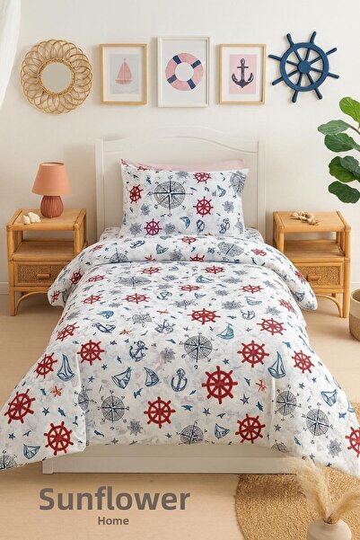 ayçiçek home طقم غطاء لحاف وغطاء سرير فردي وملاءة مرنة مقاس 120*200 وغطاء وسا...