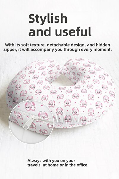 Evimde Bambaşka Pernă de călătorie din bumbac cu model bufniță drăguță - pernă de călătorie pentru copii și adulți cu inimă roz pastel