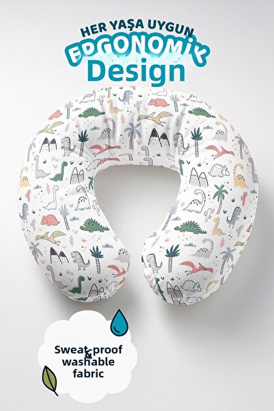 Evimde Bambaşka Cute Dinosaur Patterned Cotton Neck Pillow-Colorful Natural F...