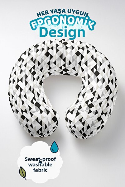 Evimde Bambaşka Pernă pentru gât din bumbac, geometrică, alb-negru - model tr...