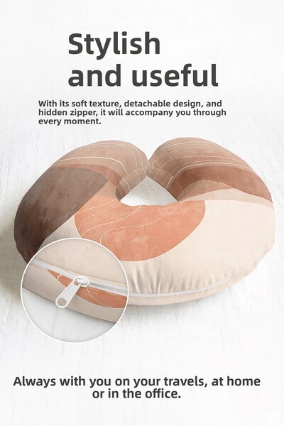 Evimde Bambaşka Wave Pattern Ergonomic Neck Pillow - Modern Pastel Beige Brow...