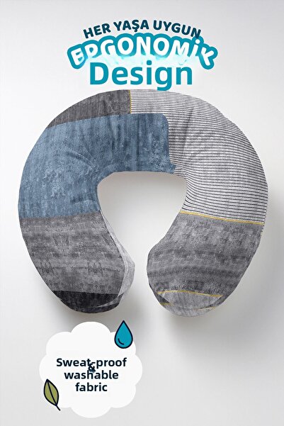 Evimde Bambaşka Modern Geometric Pattern Neck Pillow - Striped Blue Gray Soft...