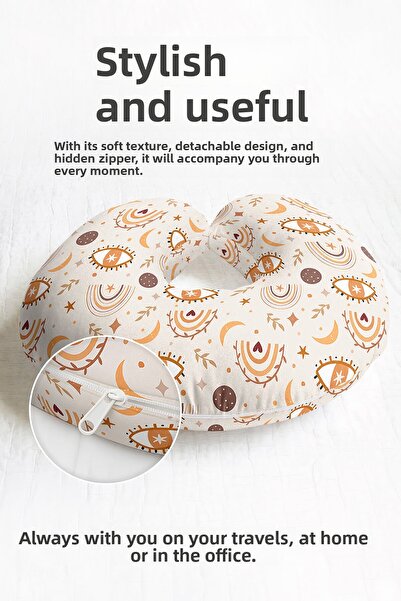 Evimde Bambaşka Eye and Rainbow Patterned Neck Pillow - Bohemian Yellow Cream...