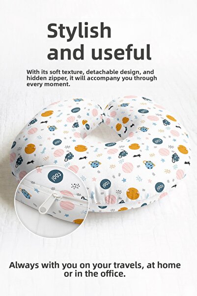 Evimde Bambaşka Space Themed Cotton Neck Pillow - Blue Yellow Travel Pillow w...