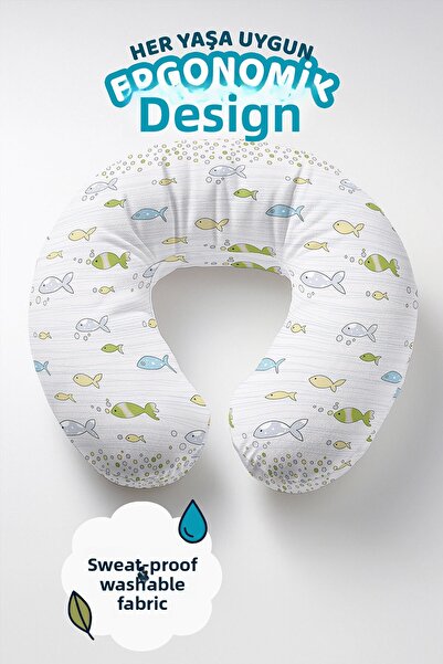 Evimde Bambaşka Pernă ergonomică pentru gât cu model de pește colorat - Pernă de călătorie de culoare verde albastru cu tematică marină