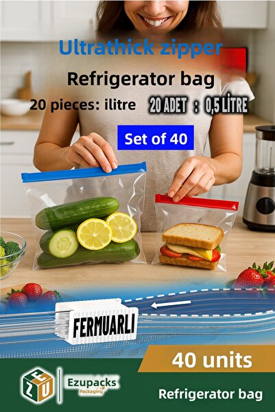 Ezupack 40 قطعة من أكياس التجميد العميقة للثلاجة مع سحاب، منظم للتخزين وحاوية...