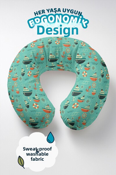 Evimde Bambaşka Sailor Motif Cotton Neck Pillow - Modern Turquoise Orange Kid...