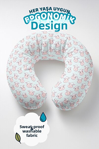 Evimde Bambaşka Cute Cow Pattern Cotton Neck Pillow - Kids & Adults Mint Gree...